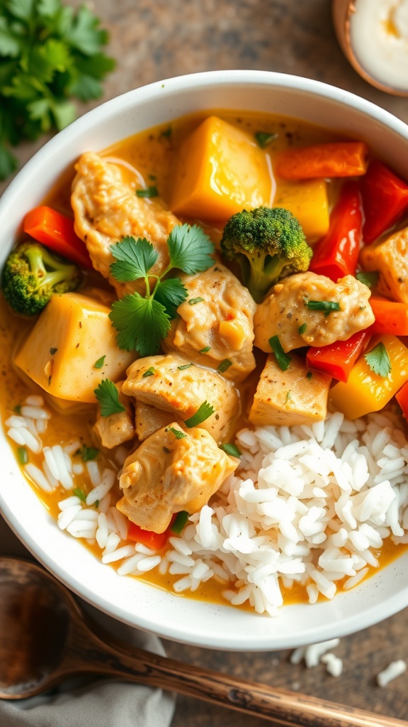 A bowl of coconut curry chicken with vegetables and rice, garnished with cilantro, set on a rustic table.